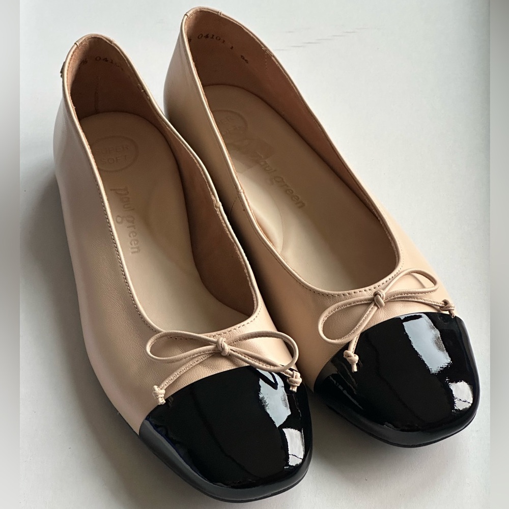 PAUL GREEN Beige & Black Cap-Toe Ballet Flats (Fits 9.5–10) - Picture 2 of 16